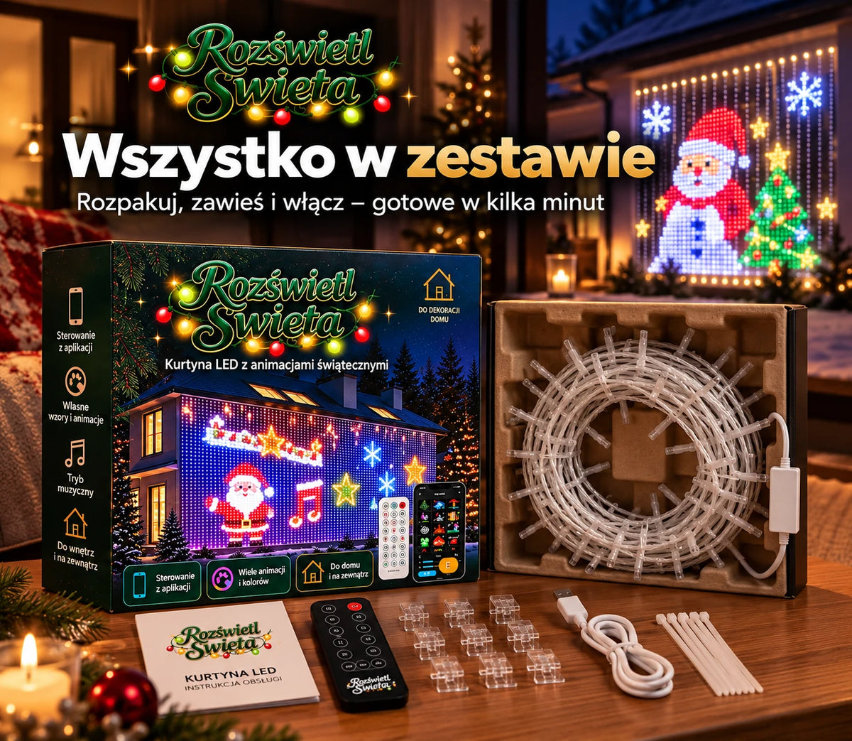 Rozświetl Święta – kurtyna LED RGBIC, opakowanie i akcesoria pokazane w świątecznej aranżacji
