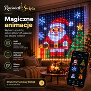 Kurtyna LED z motywem Mikołaja i choinki w salonie oraz wybór wzorów na telefonie
