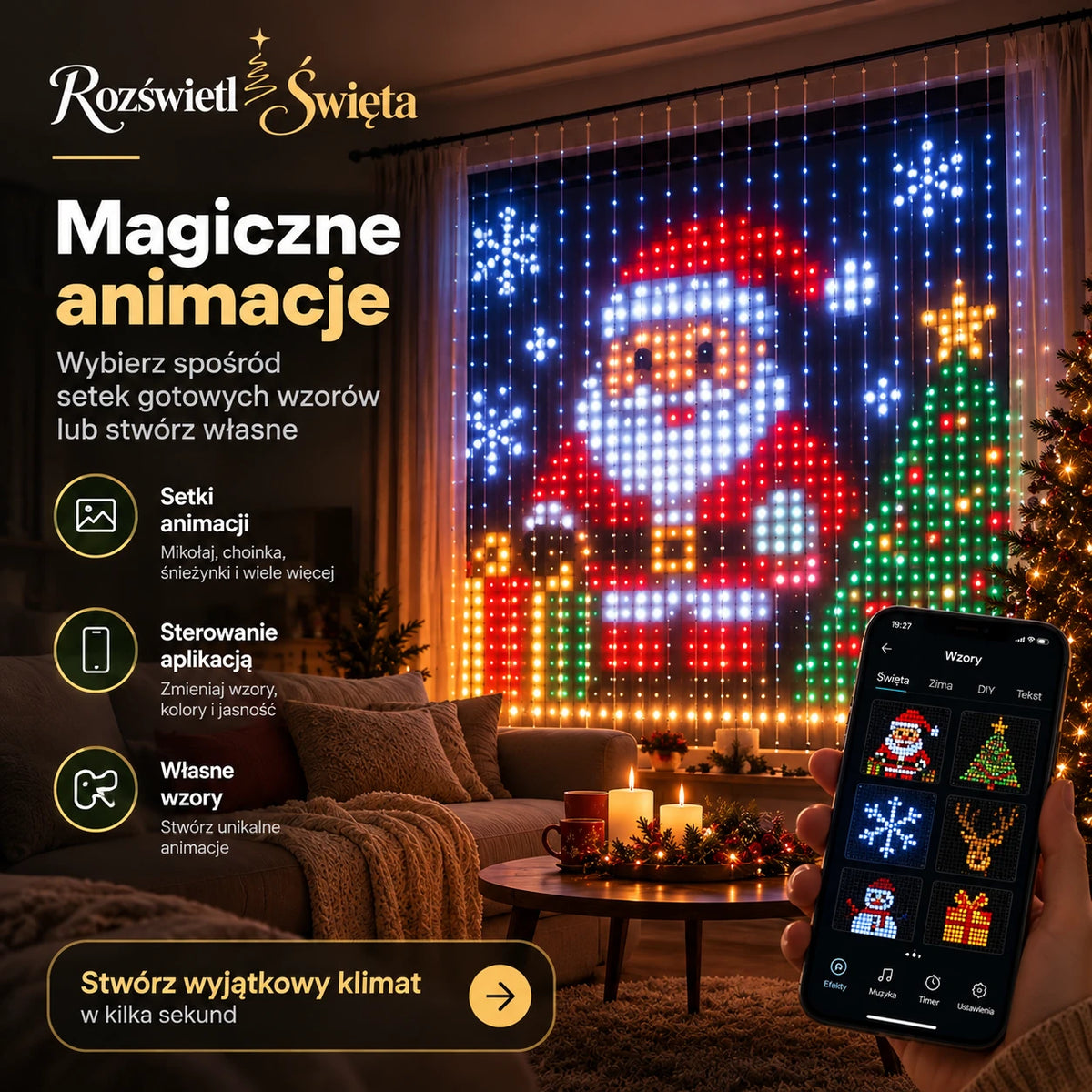 Kurtyna LED z motywem Mikołaja i choinki w salonie oraz wybór wzorów na telefonie