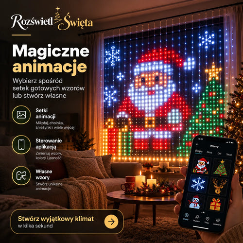 Kurtyna LED z motywem Mikołaja i choinki w salonie oraz wybór wzorów na telefonie