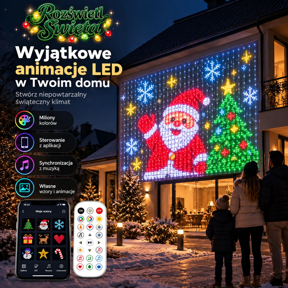 Świąteczna aranżacja z kolorową kurtyną LED