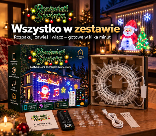 Rozświetl Święta – kurtyna LED RGBIC, opakowanie i akcesoria pokazane w świątecznej aranżacji